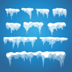 Vector icicle and snow elements on blue background. Different sn