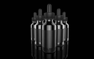 E cigarettes Liquid Bottle on black background. Vape. 3d illustration.