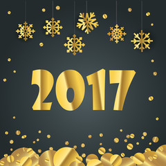 Happy new year greeting card. Different golden vector snowflakes