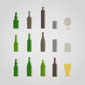 Different bottles and glasses set isolated on transparent