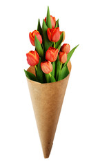 Bouquet of red tulip flowers in a craft paper cornet