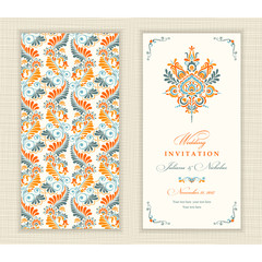 Wedding invitation card ethnic style. The front and rear side. Summer pattern of flowers and leaves - 132399992