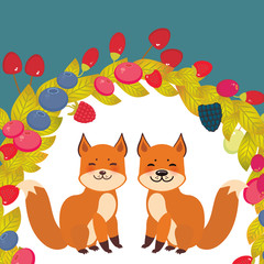 Fototapeta premium Round wreath cute kawaii fox, Cherry Strawberry Raspberry Blackberry Blueberry Cranberry Cowberry Goji Grape on blue background. Vector