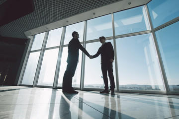 Two young businessmen are shaking hands with each other standing against panoramic windows.