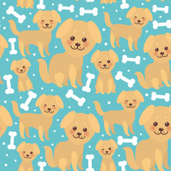 seamless pattern funny golden beige dog and white bones, Kawaii face with large eyes and pink cheeks, boy and girl on blue background. Vector