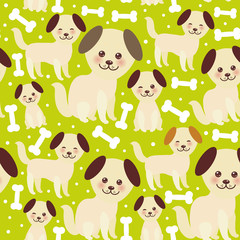 seamless pattern funny golden beige dog and white bones, Kawaii face with large eyes and pink cheeks, brown ears, boy and girl on green background. Vector
