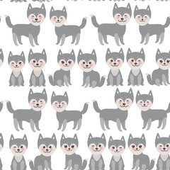 seamless pattern Kawaii funny gray husky dog, face with large eyes and pink cheeks, boy and girl isolated on white background. Vector