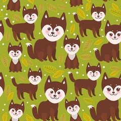 seamless pattern funny brown husky dog and leaves, Kawaii face with large eyes and pink cheeks, boy and girl on green background. Vector