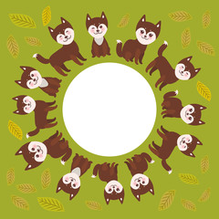 round frame for your text, funny brown husky dog and leaves, Kawaii face with large eyes and pink cheeks, boy and girl on green background. Vector