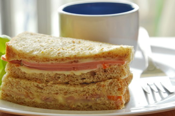 pork bologna whole wheat sandwich with fresh green oak and coffee on plate