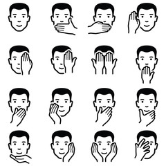 Man face with hand emoticons icon collection - vector outline illustration 