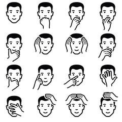 Man face with hand emoticons icon collection - vector outline illustration 
