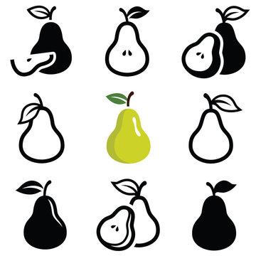 Pear icon collection - vector outline and silhouette