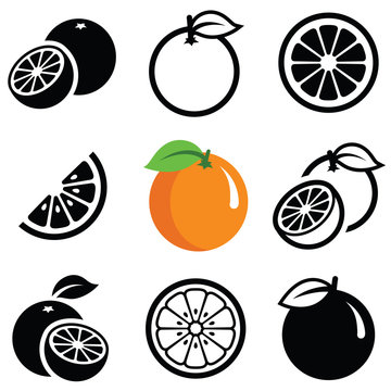 Orange fruit icon collection - vector outline and silhouette