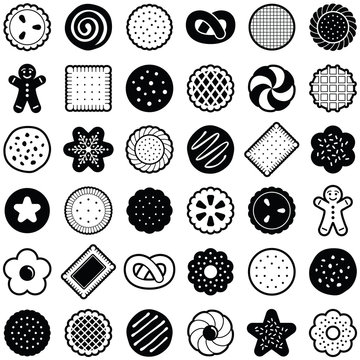 Cookie icon collection - vector outline illustration and silhouette