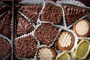 Collection of different chocolate candies on white packaging closeup.