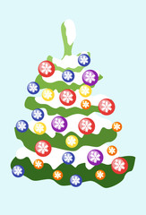 Christmas tree decorated with colored balls with snowflakes. Vector 