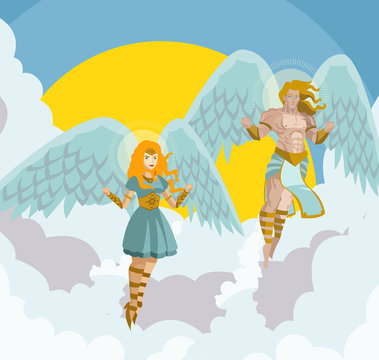 two angels man and woman flying above the clouds