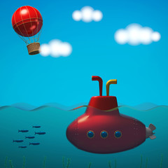 Sea with submarine and sky with balloon in cartoon style. 3D rendering