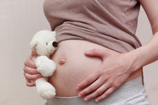 Pregnant woman belly with teddy bear