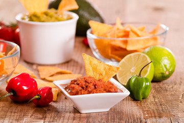 Guacamole and nacho chips. 