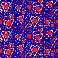 Valentines day sweet seamless pattern with colorful hearts  shaped sweet candy lollipops and text.Vector illustration.