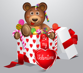 Cute valentines day teddy bear with colorful sweets in gift box isolated on white background.Vector illustration.
