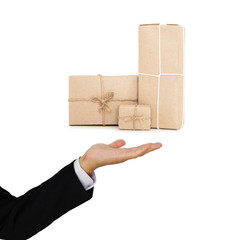 Businessman holding parcels post boxes on hand, delivery industry cargo business