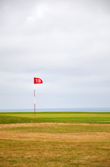 flag on golf course and sea 