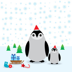 Funny penguins in the red hat, christmas winter card isolated on white background. Vector