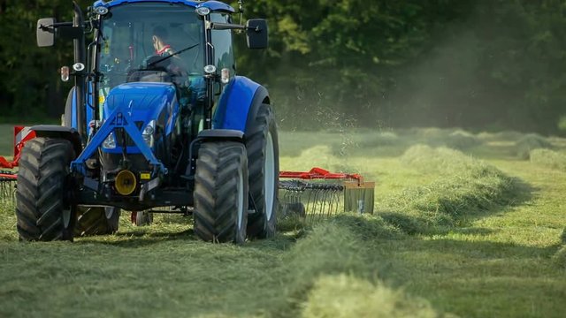 We can see a young farmer sitting in a blue tractor and he is raking hay with the help of a big machinery that is connected to his tractor. It is a nice summer day.
