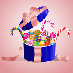 Lollipops collection in gift box with bow and ribbons. Vector illustration