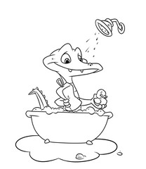 Little crocodile swims bathroom coloring pages cartoon illustration