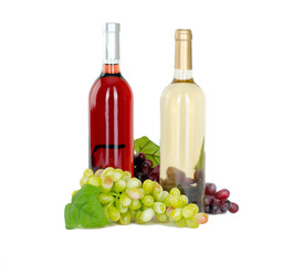 Set of white and rose wine bottles, glas and cheese, red and white grapes. isolated on white background 