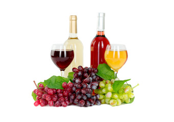 Set of white and rose wine bottles, glas and cheese, red and white grapes. isolated on white background 