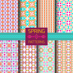 Vector set of geometric ornamental patterns with bright spring colors. Seamless texture collection. Ethnic ornament
