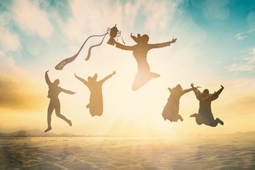 Happy family group jump on beautiful background. concept for color running activity, relax...