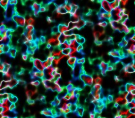 Abstract seamless background in bright electric lines, spots, holes and points of red, blue, black and green fantasy