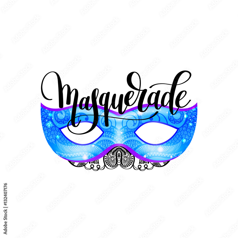 Wall mural masquerade lettering logo design with mask and hand written word