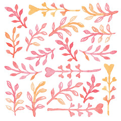 Fototapeta na wymiar Happy Valentines Day watercolor background illustration. Hand-drawn plants. Valentines elements for cards, invitations. 