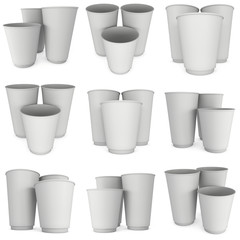 Disposable coffee cups set. Blank paper mug. 3d render isolated on white background