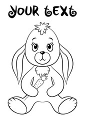 Cartoon Funny Rabbit, Cute Little Bunny Siting and Holding Carrot in Paws, Going to Have Dinner, Black Contour Isolated on White Background. Vector