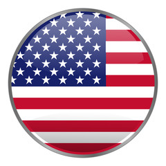 Round glossy isolated vector icon with national flag of USA on white background.