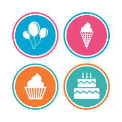 Birthday party icons. Cake with ice cream symbol.
