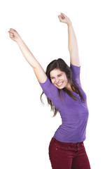 Brunette woman happily celebrated her victory isolated on white