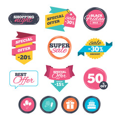 Obraz premium Birthday party icons. Cake and gift box symbol.