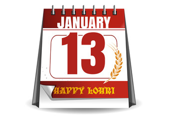 Calendar. Holiday date. Festival of lohri celebration. January 13th. Happy Lohri. Vector illustration isolated on white background