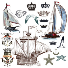 Antique marine collection with ships, crowns, anchors in vintage