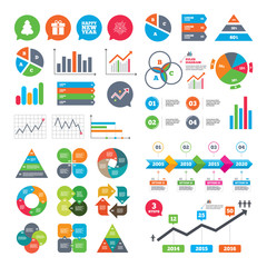 Happy new year sign. Christmas tree and gift box.