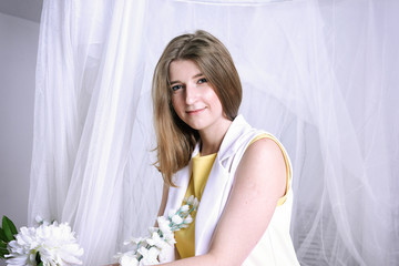 Pretty girl in white, curtains © veksler